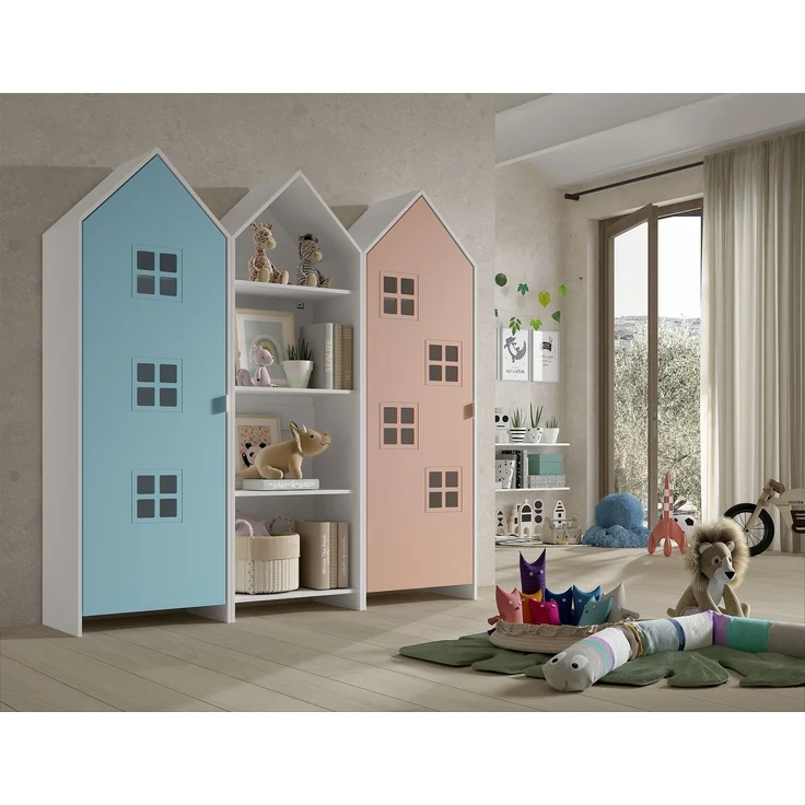 Kleiderschrank >CASAMI BRUGES< in Korpus Weiß / Front Blau u. Pink, MDF – Bild 1