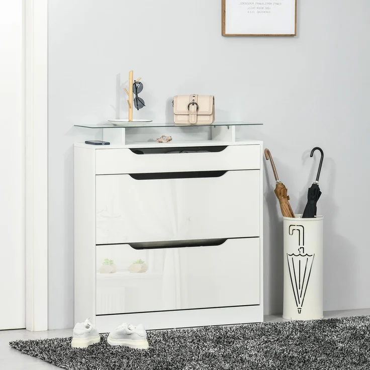 Schuhschrank mit 2 Klappschubladen + 1 Auszugsschublade + 1 Ablagefläche und 1 weißer Glasplatte – Bild 3