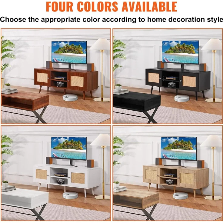 VEVOR Rattan-TV-Ständer, Fernsehschrank Boho-TV-Schrank für 140 cm Fernseher, Retro-TV-Ständer, Rattan-TV-Konsole mit verstellbaren Regalen & 2 Türen, für Wohnzimmer, Medienraum, Schwarz – Bild 6