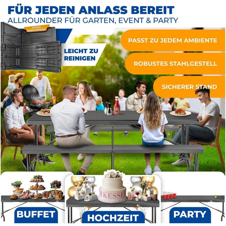 KESSER® Bierzeltgarnitur 3-teilig Set Tisch & 2x Bank | Buffettisch für drinnen & draußen Gartengarnitur klappbar 183x76x74cm Kunststoff Klapptisch Gartentisch inkl. Abdeckung & Tragegriffe Anthrazit, Glatt – Bild 2