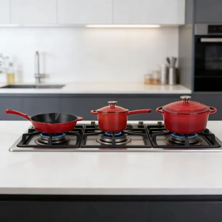 Casativo Gusseisen Topf-Set, 3-teilig, rot, geeignet für alle Herdarten und Backofen, perfekte Wärmeverteilung – Bild 6