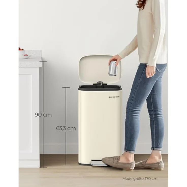 Songmics Mülleimer, geruchsdicht, Edelstahl, 30 Liter, Sandbeige – Bild 9