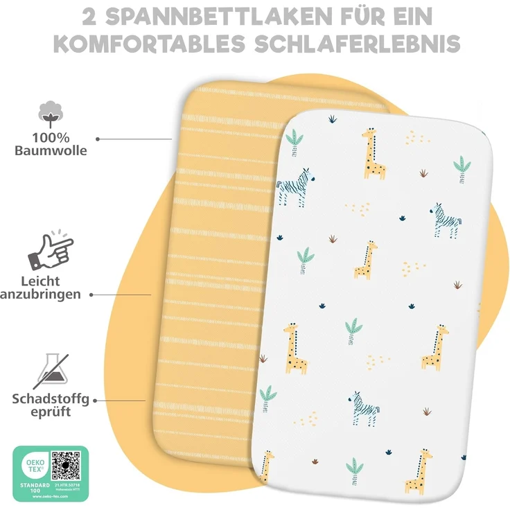 2X Spannbettlaken aus 100% Baumwolle mit Gummiband - 1X Matratzenschoner aus 100% wasserdichtem Material - 3er-Set - 55x90 cm - Savanne – Bild 3