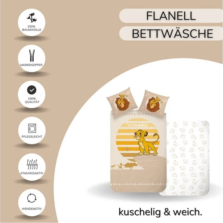 MTOnlinehandel Kinderbettwäsche König der Löwen Biber/ Flanell in 135x200 + 80x80 cm, Disney, 100% Baumwolle, 2 teilig, Winterbettwäsche, kuschelig und weich, Simba und Mufasa – Bild 3