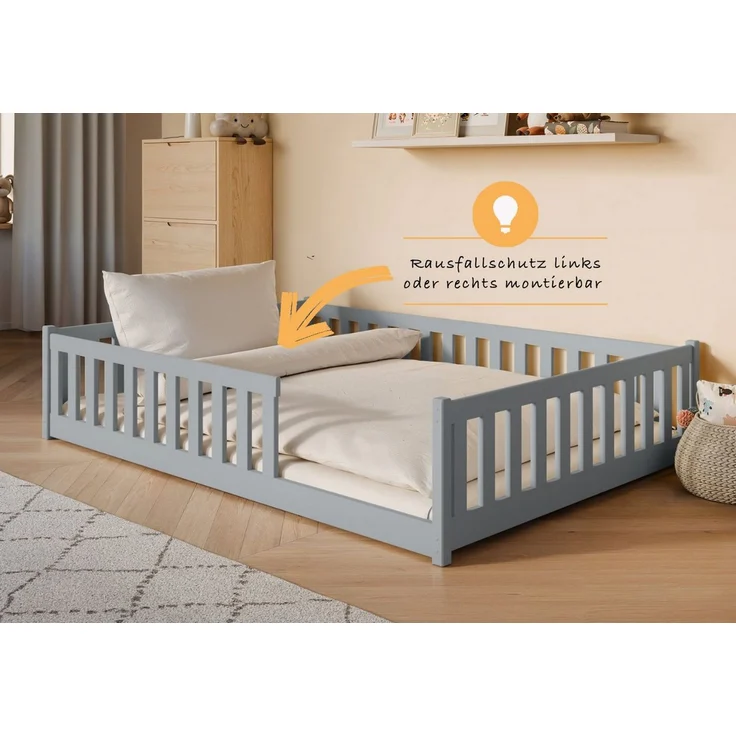 Kids Collective Kinderbett Bodenbett Bett mit Rausfallschutz & Lattenrost Montessori Bett Kinder (Jungen, Mädchen, Kinder, weitere Größen 80x160, 80x180, 90x190, 90x200, 120x200 cm), Jugendbett Gitterbett Einzelbett, Aschgrau Kiefer 140x200 cm – Bild 4