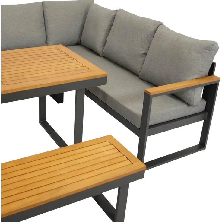 DEGAMO KAMPALA Funktiosn Eckbank- Set, Alu + Akazie, anthrazit/braun, 4-teilig 252x187cm – Bild 5