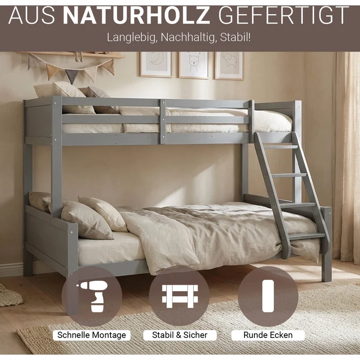 Kinderbett Etagenbett 90x200 und 140x200 Grau Holz Doppelstockbett Jugendbett Hochbett Stockbett – Bild 4