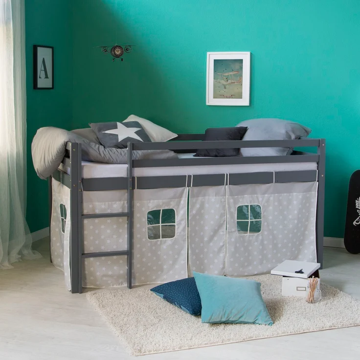 Hochbett mit Lattenrost 90x200 cm Spielbett Grau Kinderbett Leiter Holz Kiefer Vorhang Sterne Jugendbett – Bild 2