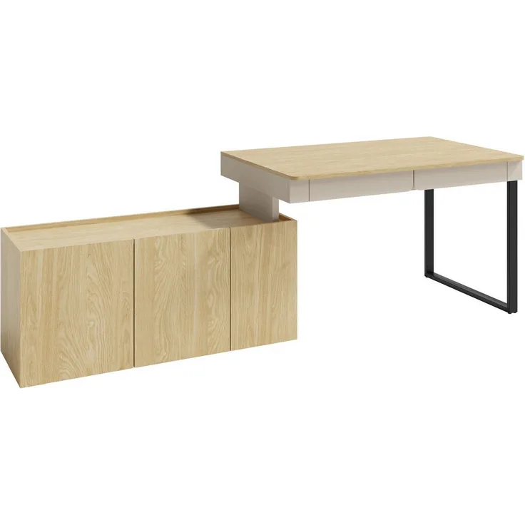 Marmex Möbel Schreibtisch LUCA LC10 Kommode, modern, Sandbeige + geölte Eiche, 8 geschlossene Fächer, 6 Einlegeböden, 131/228 cm Breite