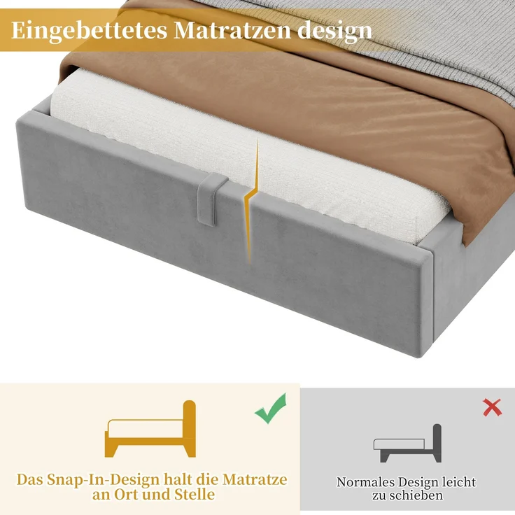 Polsterbett, Einzelbett, Kinderbett 90 x 200cm, hydraulisches Funktionsbett, Bett mit Lattenrost, gepolstertes Kopfteil, großem Stauraum und USB& Type-C-Ladestation und Leselampe, samt, grau – Bild 6