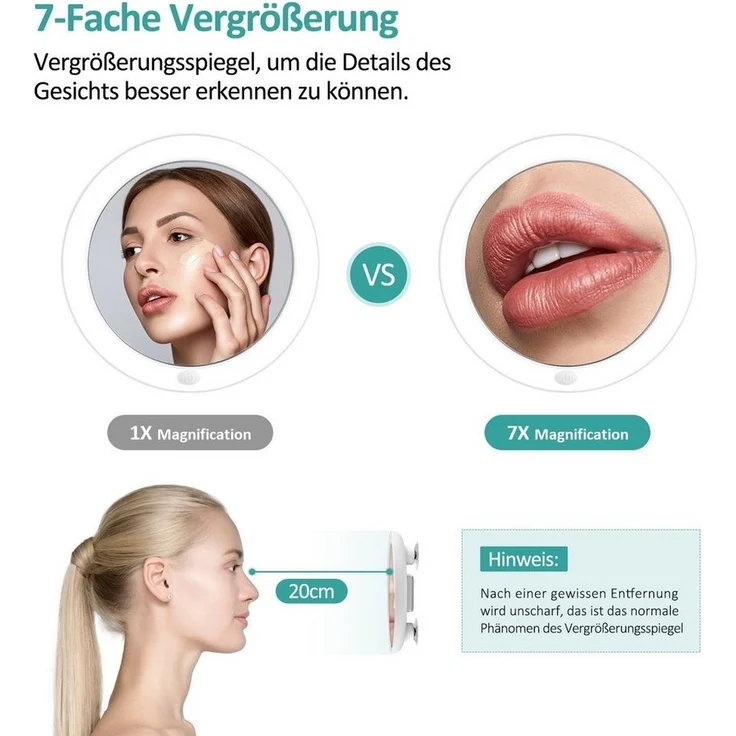 EMKE Schminkspiegel LED Kosmetikspiegel mit Saugnapf 7X Vergrößerung mit Licht, Make up Schmink Spiegel Tragbarer Wandspiegel Batteriebetrieben, Weiß – Bild 2