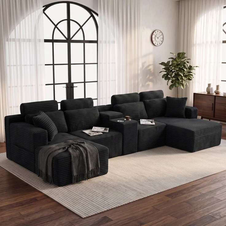 ZUBALIYA Boneless Compression Sofa, U-förmiges modulares Sofa mit integrierten Becherhaltern, Schwarz, 372 x 151 x 80 cm – Bild 3