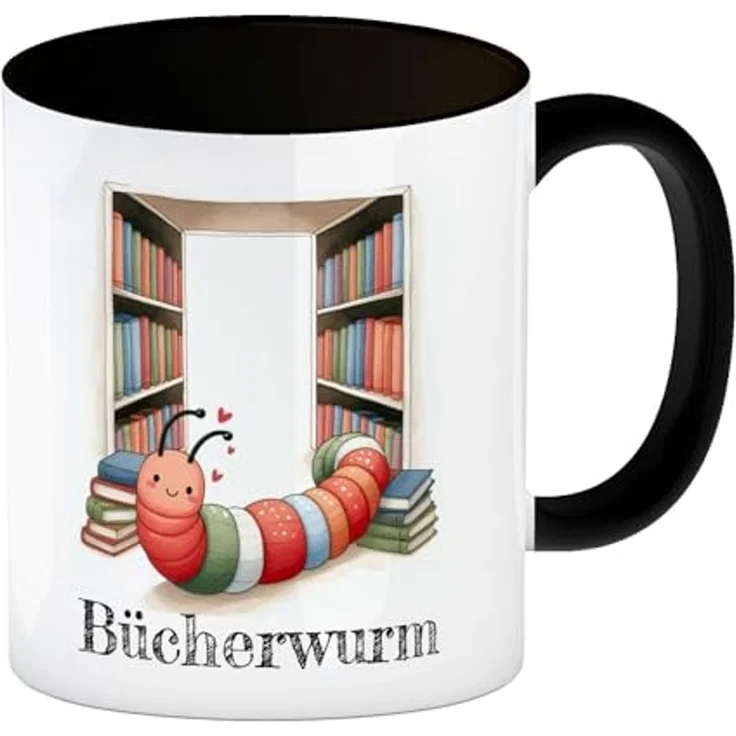 speecheese Tasse Bücherwurm Kaffeebecher in schwarz mit Wurm in der Bibliothek – Bild 1
