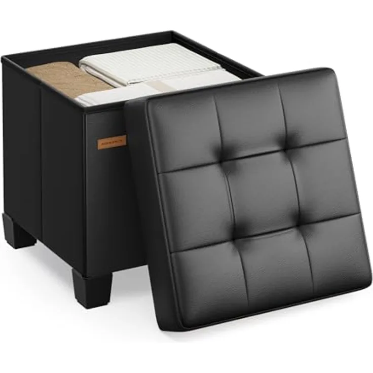 SONGMICS Sitzhocker mit Stauraum, kleine klappbare Sitzbank, 38 x 38 x 40 cm Fußbank, Aufbewahrungsbox, bis 300 kg belastbar, für Wohnzimmer Schlafzimmer Schlafsaal, Schwarz LSF0512B02