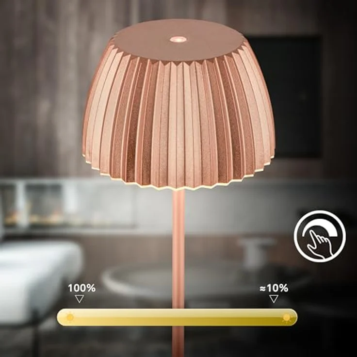 BRILONER - Riffle LED Tischlampe kabellos IP44 mit Lichtkante, 14,5x36,5 cm, Touchdimmer, Akku tauschbar, Nachttischlampe, Leselampe, LED Lampe, Akku Lampe, German Design Award Winner, Kupferfarbig – Bild 10
