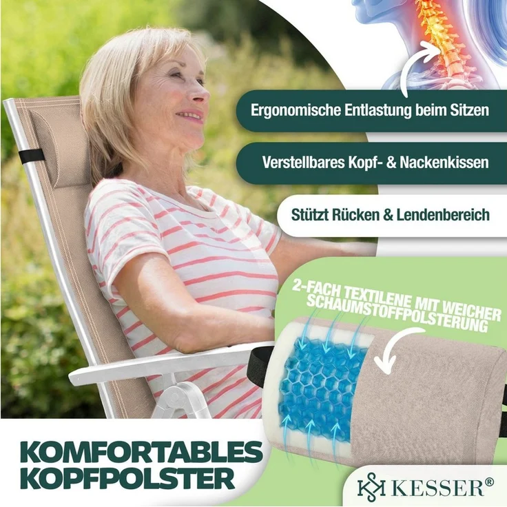 KESSER® Gartenstuhl, Hochlehner mit Armlehnen, Aluminium-Klappstuhl mit Kopfkissen & Cover, 7-fach verstellbare Rückenlehne, atmungsaktiv & wetterfest, klappbar & anti-rutsch, taupe – Bild 4
