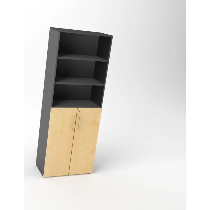 Rheinland Möbel Flügeltürenschrank Cabino 80×42×216 cm – abschließbarer Aktenschrank 3OH mit Regalaufsatz 3OH in Graphit/Ahorn mit 110° Drehtüren & Metallgriff
