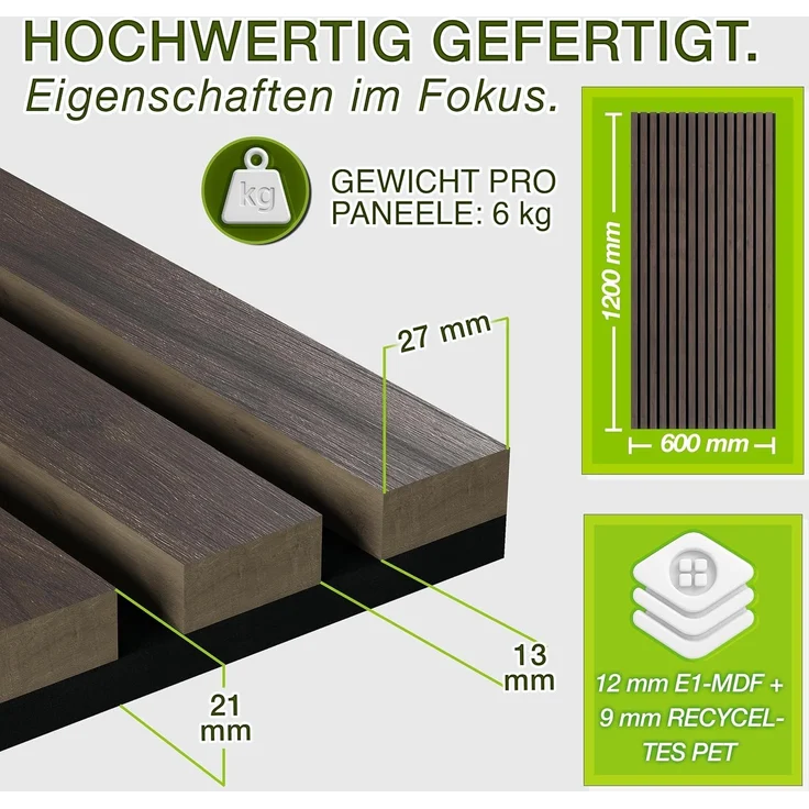 TRESKO® 4 Stück Akustikpaneele Holz 120×60 cm inkl. 8x Kleiderhaken | Wandverkleidung Nussbaum als 3D Lamellenwand | Holzpaneele Paneele für Schallschutz | Akustik Wandpaneele mit Montageset – Bild 2