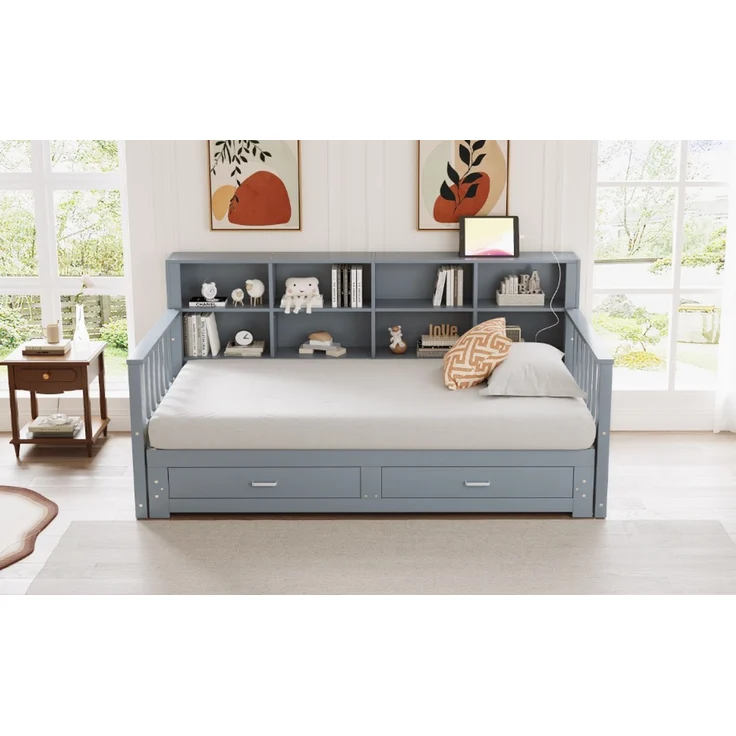 Ausziehbares Massivholz-Schlafsofa 90/180x190 cm, Stauschrank mit Ladesteckdose in der Seitenlehne, Mit 2 Schubladen und Lattenrost, Multifunktionales Kiefernbett , Grau--Herde--196.2x117x80cm--YOUDENOVA – Bild 6