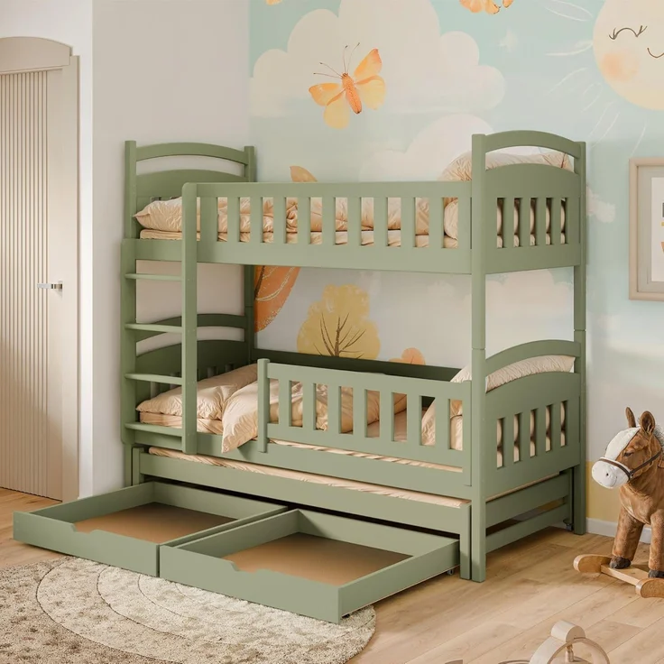 Kids Collective Etagenbett Hochbett Stockbett Kinderbett 90x200 cm mit Ausziehbett und Schubladen, Umbaubar zu 3 Einzelbetten mit Lattenrosten & Rausfallschutz, Olivgrün – Bild 3