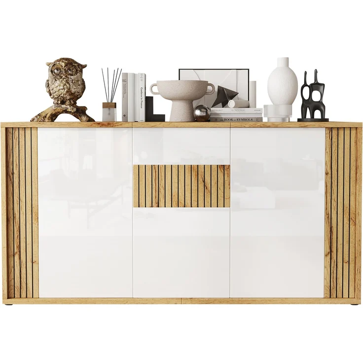 ZUBALIYA Sideboard 140x35x71 cm, mit 3 Türen, aus MDF / Spanplatte, Weiß / Natur – Bild 12