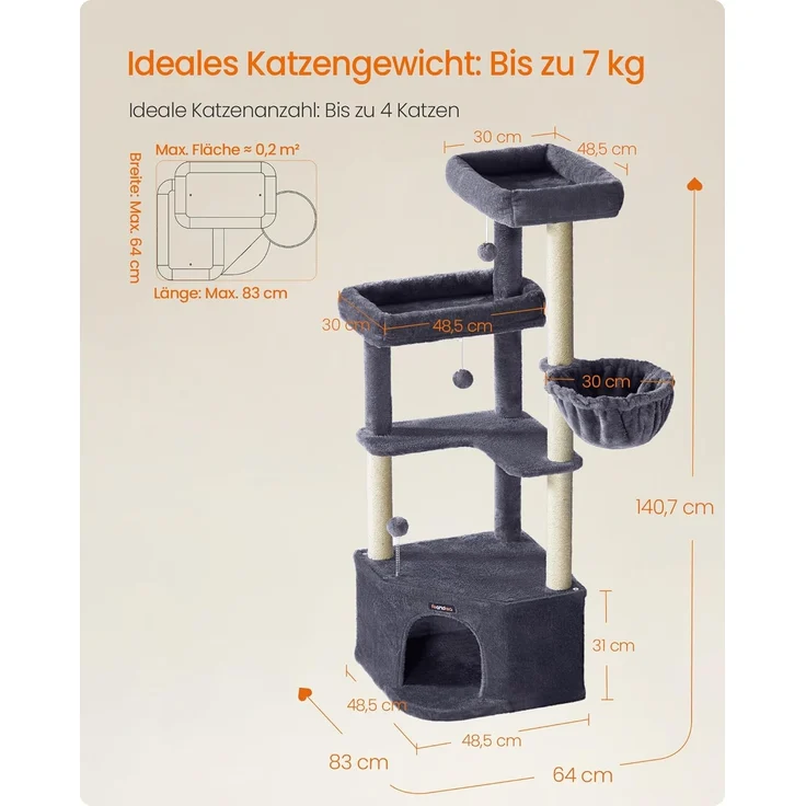 Feandrea Kratzbaum, Katzenbaum, 48,5 x 48,5 x 140,7 cm, Katzenkratzbaum mit großer Kuschelhöhle, großen Plattformen, Plüschbällen, Liegemulde, dukelgrau – Bild 4