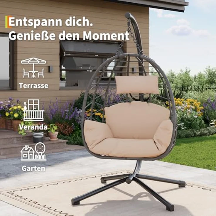 Hängesessel mit Gestell Outdoor bis 150 kg belastbar, Rattan Hängesessel mit Metallgestell, ideal als Hängesitz Indoor mit Gestell für Garten, Terrasse & Balkon Beige – Bild 3