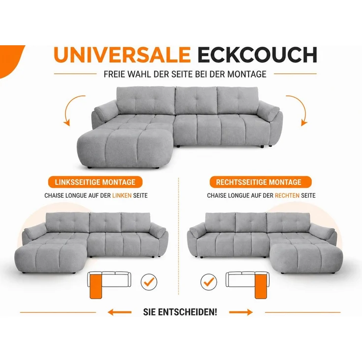 Beautysofa Ecksofa MASSIMO L-Form mit universelle Ottomane, Schlaffunktion, Bettkasten, Schlaffläche: 140 × 236 cm – Bild 4