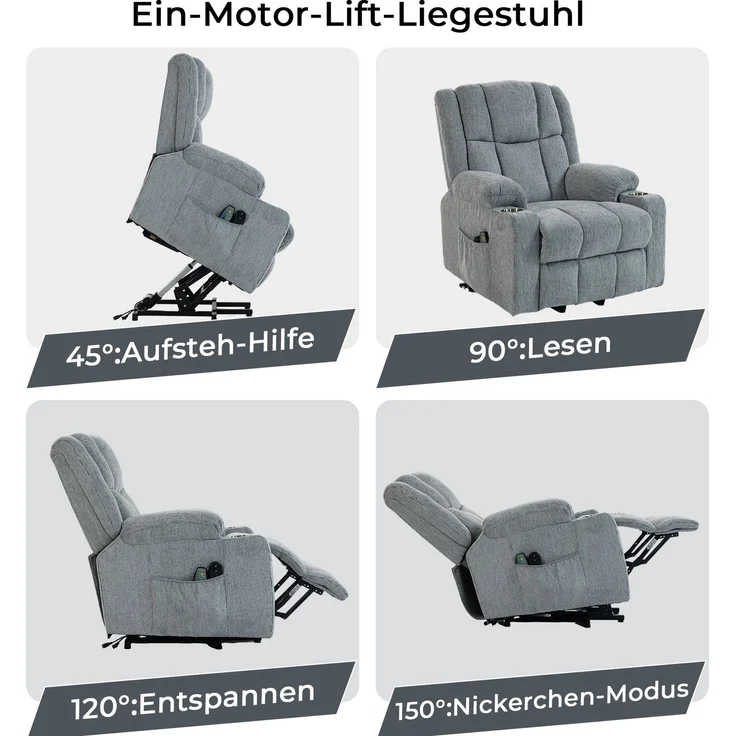Elektrischer Relaxsessel aus Samt mit Aufstehhilfe, Massage & Wärme, 91x84x106 cm, Hellgrau – Bild 6
