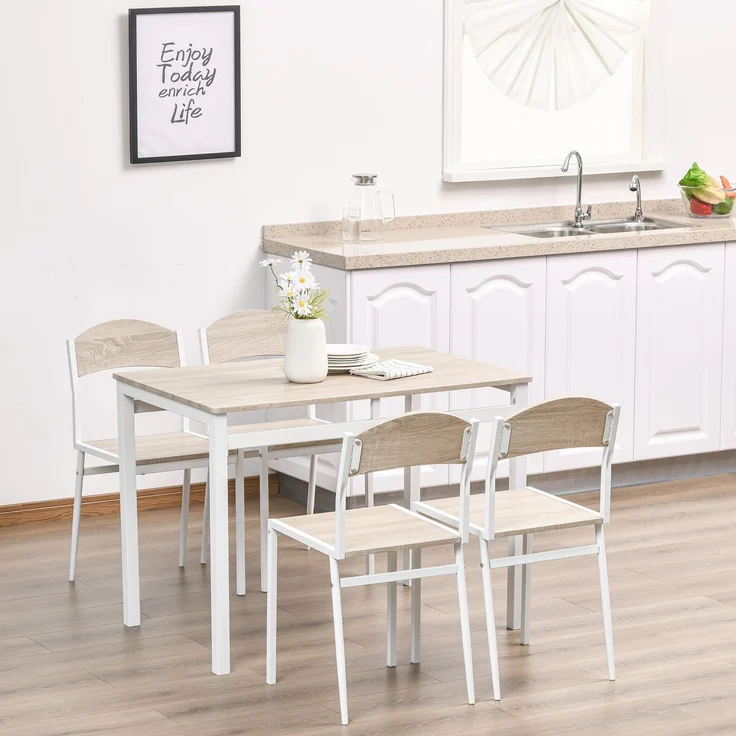 Rayofly-5-teilige Essgruppe, Esstisch Set, MDF Holzmaserung + Metall, 1 Tisch 4 Stühle, Esszimmer, Grau Weiß, Light Gray, H 765cm x T 1000cm x B 630cm – Bild 3