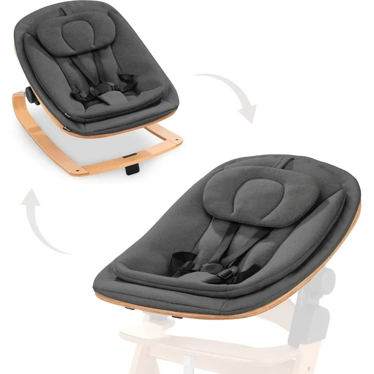 hauck Highchair Bouncer Eco, Deep Grey - Babywippe mit Holzgestell - Ergonomische, Verstellbare Liegefläche ab Geburt - inkl. Adapter Kompatibel mit Hochstuhl Alpha+ und Beta+