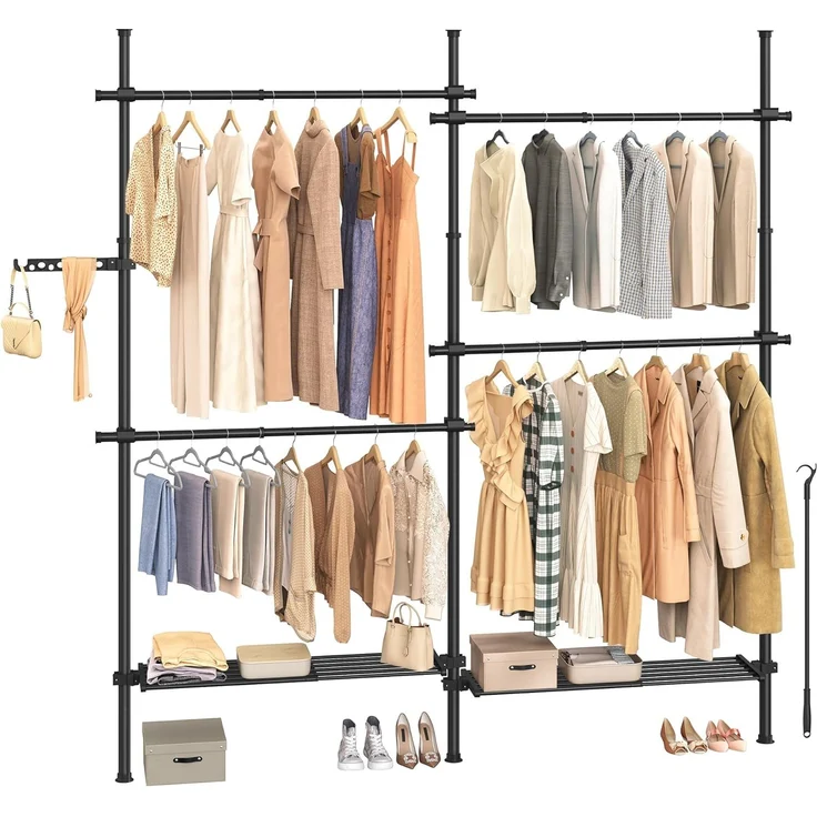 Songmics deckenhocher Kleiderständer, höhen- und breitenverstellbar, mit abnehmbaren Ablagen, Stahl / Kunststoff mattschwarz, 33,5 x (162-238) x (208-310) cm – Bild 1