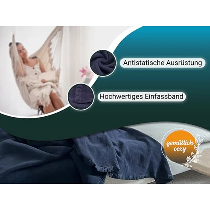 Zollner Kuscheldecke, Dunkelblau, 150x200 cm, aus Naturmaterialien (60% Baumwolle, 40% Polyacryl), Oeko-Tex® Standard 100, ideal für Wohnzimmer und Schlafzimmer – Bild 4