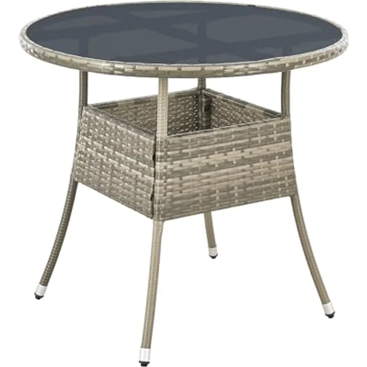 Juskys Polyrattan Gartentisch Yoro wetterfest - Balkontisch Ø 80 cm rund - Rattan Beistelltisch mit Glasplatte - kleiner Tisch für Balkon - Grau – Bild 2