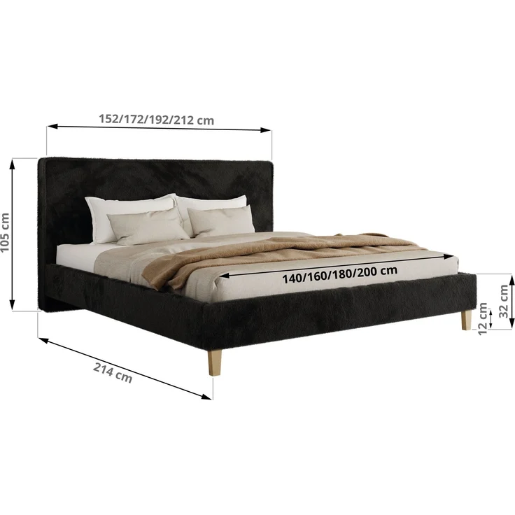 Design Polsterbett LUMARO CLASSIC 160x200 cm mit Lattenrost & 12cm hohen Füßen, Doppelbett mit Kopfteil, Konfigurierbar, Pocket Matratze - Schwarz Plüsch - VIRE LUX – Bild 4
