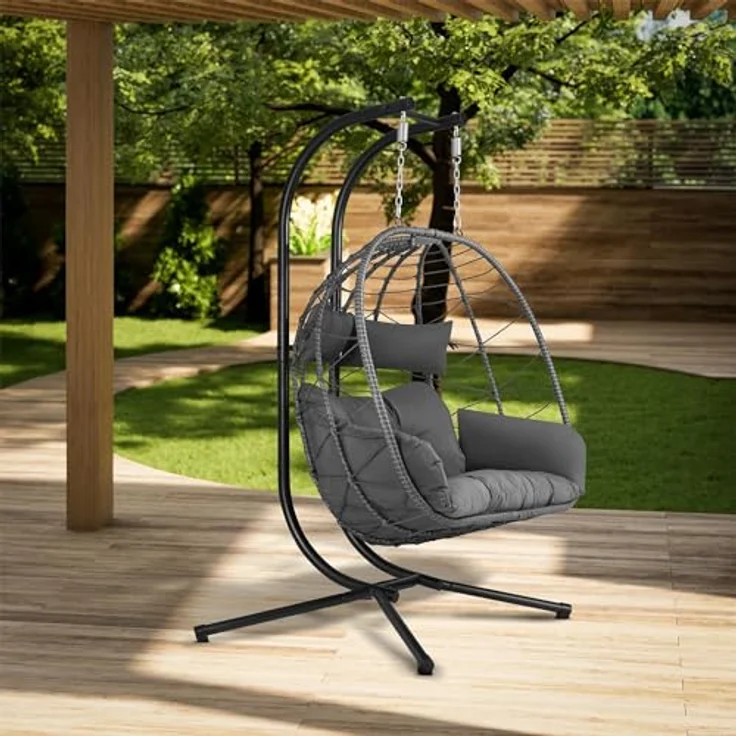 Juskys Doppelhängesessel Aria - Polyrattan Hängesessel mit Gestell & Kissen - Schaukel für zwei Personen - Outdoor Indoor Sessel - XXL Korb Grau – Bild 3