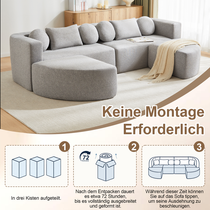Merax 4-Sitzer Sofas, 292cm Modulare Sofa, Modulare Schlafcouch mit Schlaffunktion, Vollkomprimierte Cloud Couch, Chenille, Ohne Montage, Hellgrau – Bild 8