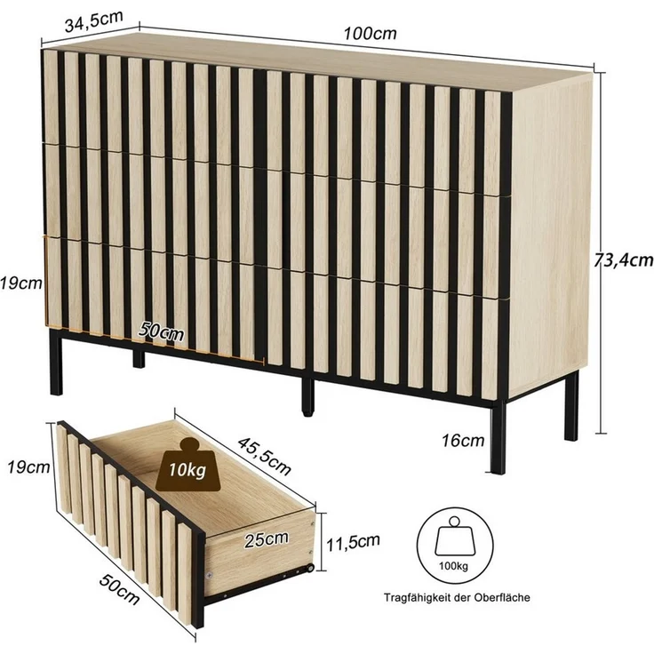 UEV Kommode schmal mit Schubladen, Sideboard für Wohnzimmer Schlafzimmer Flur (Packung, Aufbewahrungsschrank), Kippsicherung, Aufbewahrungskommode, TV Board Schubladenschrank Buffet – Bild 3
