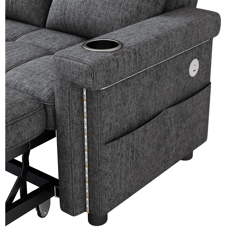 Merax 2-Sitzer Sofa, Schlafsofa mit Schlaffunktion, LED-Beleuchtung, USB/Type-C-Ladeanschluss, verstellbare Rückenlehne, Kissen, Getränkehalter, Seitentasche, Chenille Stoff, Grau – Bild 8