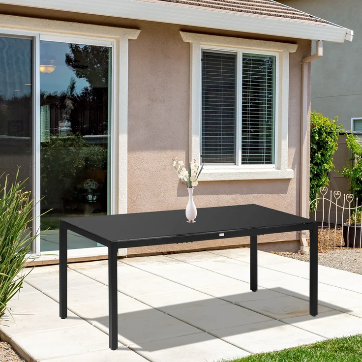 Rechteckiger Gartentisch für 8 Personen mit Tischplatte aus gehärtetem Glas und schwarzem Aluminiumrahmen – Bild 4