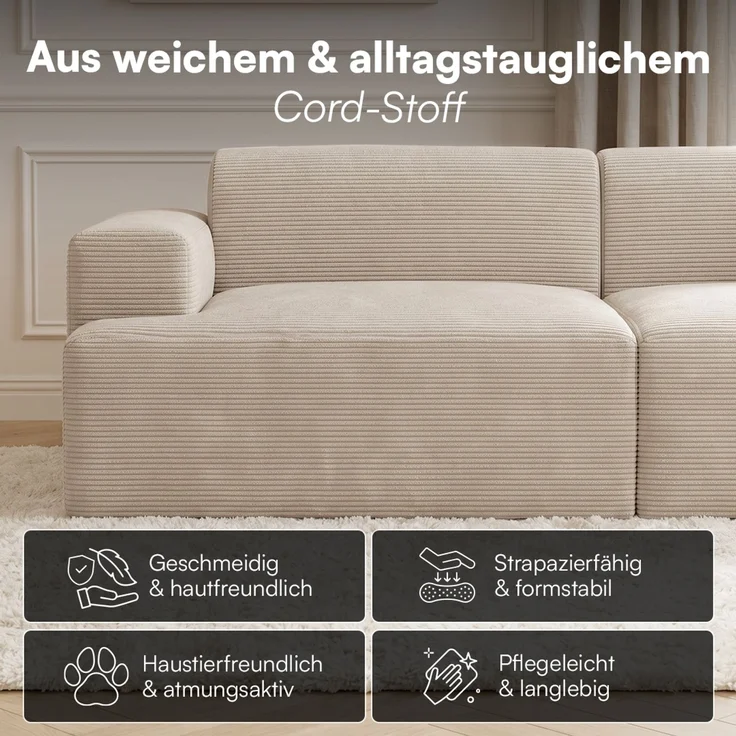 skølm 'Freki' Cloud Sofa 2 Sitzer, Vollschaumcouch mit Federkern und Vakuum-Kompression, kein Aufbau erforderlich, mit 2 Kissen, Cord beige – Bild 5