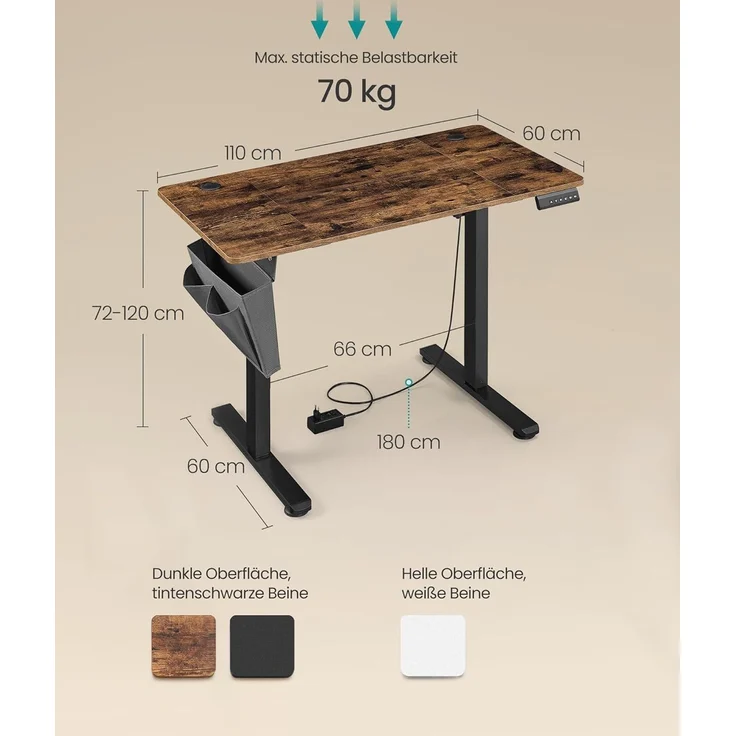 Songmics Schreibtisch mit Stoff-Organizer, elektrisch höhenverstellbar, Memory-Funktion für 4 Höhen, Holz vintagebraun, 60x110 x (72-120) cm – Bild 3