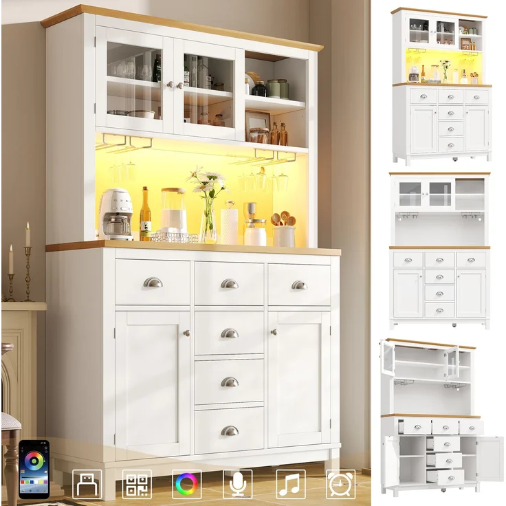 Seitenboard / Aufbewahrungsschrank / Küchenschrank / Buffetschrank, 104x40x180cm, Landhausstil, 4 Türen, mit LED-Lichtleiste & Getränkehaltern, Grün/Weiß--Weiß--104x40x180cm--YOUDENOVA – Bild 2
