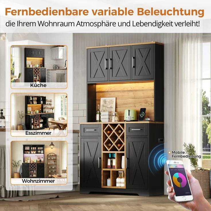 ZUBALIYA hoher Stauraumschrank mit LED-Beleuchtung / Vorratsschrank mit Weinregalen, mit weinschrank & Vitrinenschrank für Wohnzimmer und Esszimmer, 180 x 105 x 40 cm, fürs Wohnzimmer, mit Schubladen – Bild 15