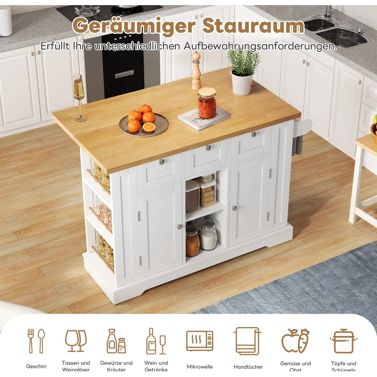 Küchenwagen 132x40(70)x87 cm mit klappbarer Platte, Steckdose, 3 Schubladen und 5 Rollen im Landhausstil Weiß/Natur – Bild 8
