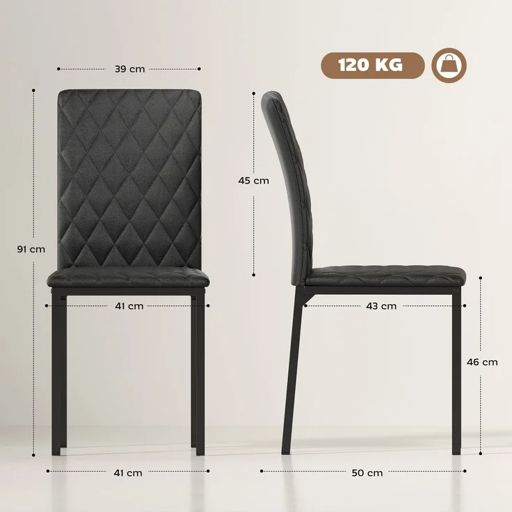 MELAYR, Set mit 4 Esszimmer-/Küchenstühlen, Rautenförmige Knopfheftung und Metallbeine, 41 x 50 x 91 cm, Schwarz – Bild 5