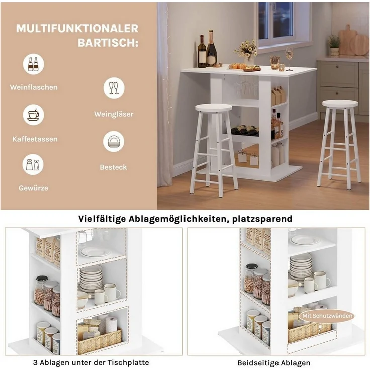 Woltu Bartisch (1-St), Stehtisch, 3 Ablagefächern, seitlichen Ablagen, für Küche Wohnzimmer – Bild 3