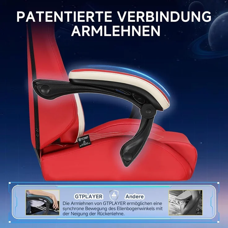 GTPLAYER Gaming Stuhl, Ergonomischer Gamer Stuhl aus PU-Leder mit Lendenwirbelstütze, PC-Stuhl mit verbreiterter Rückenlehne, Belastbar bis 150 kg, Rot – Bild 5