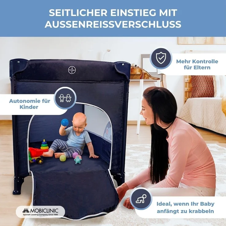 Mobiclinic®, Reisebett, Tragetasche, 2 in 1, Ultrakompakt faltbar, Herausnehmbare matratze, Mofli, Bis zu 15kg, Atmungsaktives gewebe, Seiteneingang mit reißverschluss, Baby laufstall (dunkelblau) – Bild 7