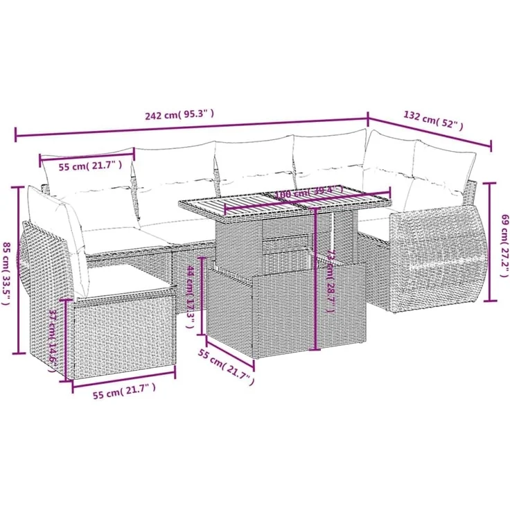 vidaXL 7-tlg. Garten-Sofagarnitur mit Kissen Schwarz Poly Rattan 3272217 – Bild 3